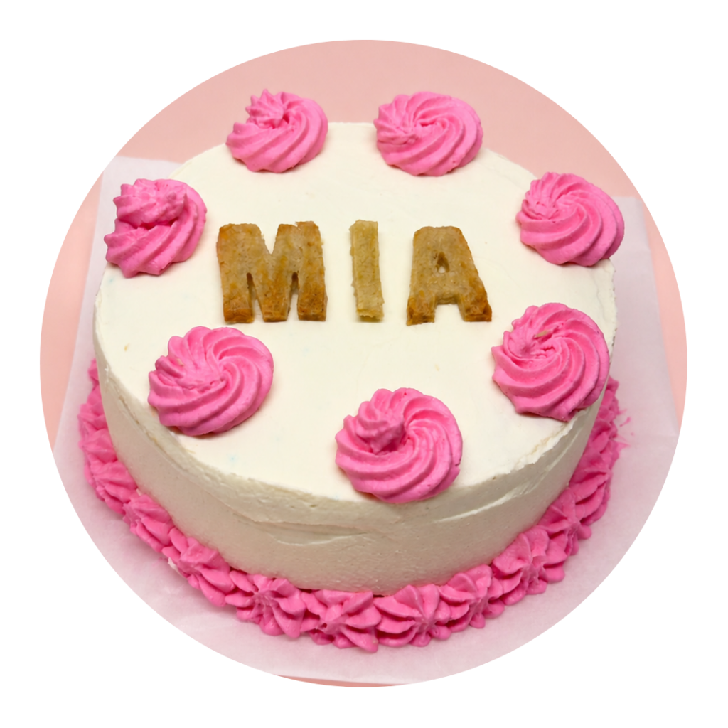 Torta circular color blanca con decoraciones en rosa y el nombre "mia" hecho en galletitas para perros