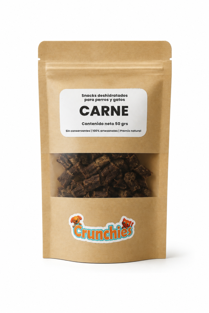 Bolsita tipo craft con ventana con etiqueta de sabor carne y producto